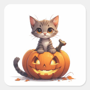 Halloween Kitten Peeking From Pumpkin Decor 🎃 Square Sticker