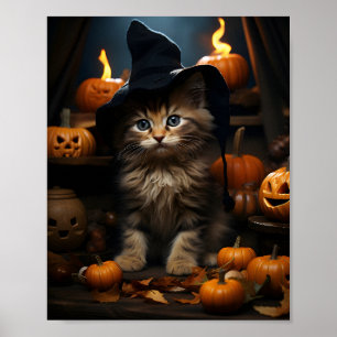 Halloween Kitten Witch With Leaves And Pumpkins Poster
