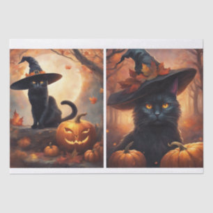 Halloween Kitty Cat in a Witch Hat Decoupage  Tissue Paper