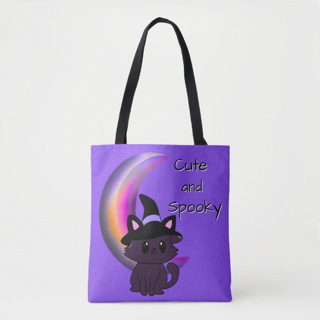 Halloween Kitty & Crescent Moon Cute Custom Tote Bag (Front)