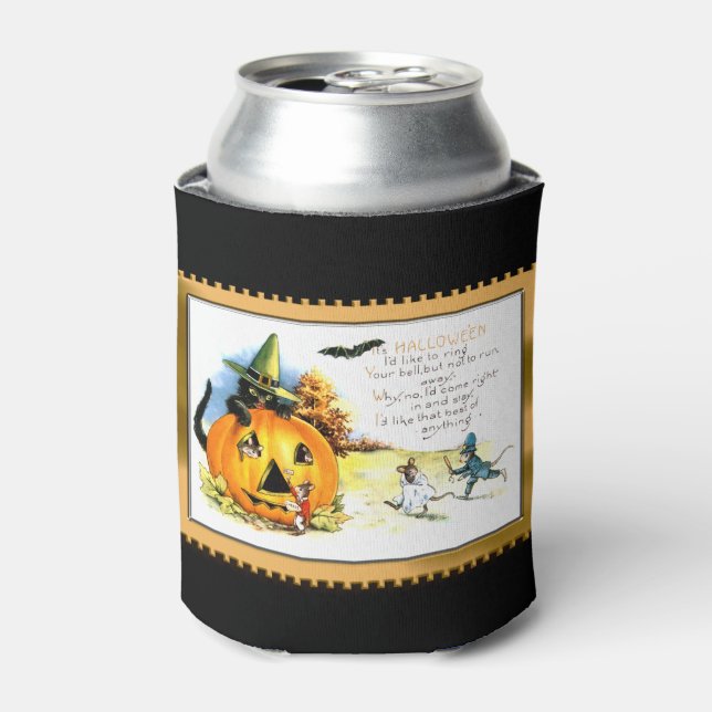 Halloween Kitty Sitting in Jack O Lantern Can Cooler (Can Front)