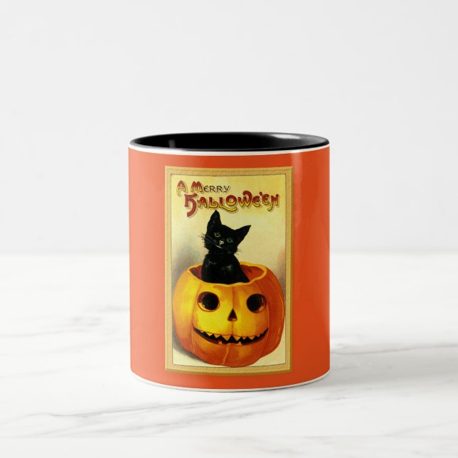 Halloween Kitty Sitting in Jack O Lantern Two-Tone Coffee Mug (Center)