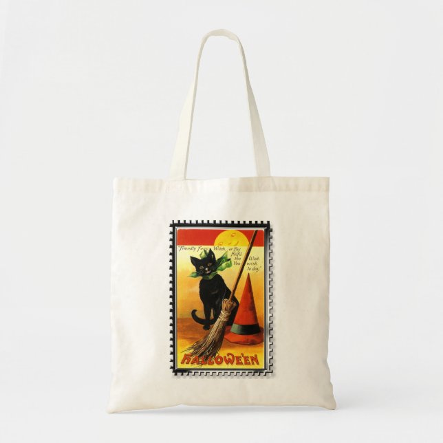 Halloween Kitty Sitting Witches Hat Tote Bag (Front)