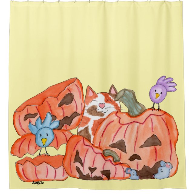 Halloween Kitty & SMashed Pumpkins Shower Curtain (Front)