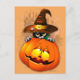 Halloween Kitty Witch and Pumpkin Friend Postcard