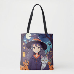 Halloween Kitty & Witch Trick or Treat Tote Bag