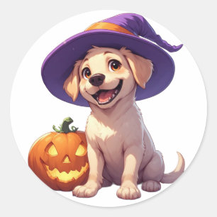 Halloween Labrador Puppy With Jack O Lantern 🐶 Classic Round Sticker