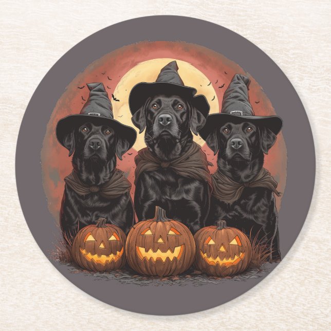 Halloween Labrador Retriever Dogs Witch Hats Round Paper Coaster (Front)