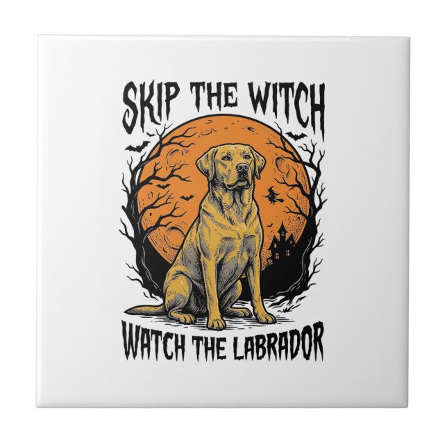 Halloween Labrador Shirt with Spooky Dog Warning_1 Ceramic Tile (Front)