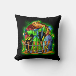 Halloween Lady Scarecrow Pumpkin Head RIP Bats Cushion
