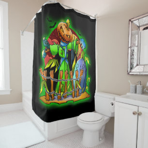 Halloween Lady Scarecrow Pumpkin Head RIP Bats Shower Curtain