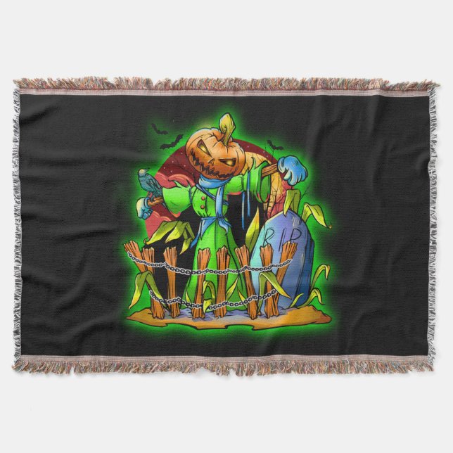 Halloween Lady Scarecrow Pumpkin Head RIP Bats Throw Blanket (Front)