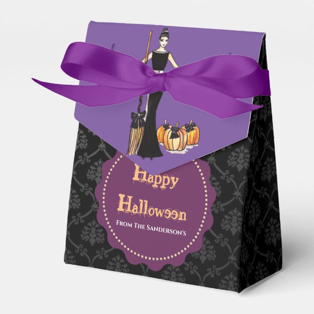Halloween Lady Witch with Black Long Dress Purple Favour Box (Front Side)