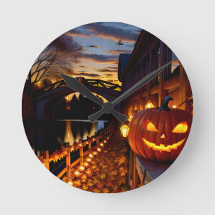 Halloween Landscape Four Round Clock