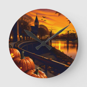 Halloween Landscape Two Round Clock