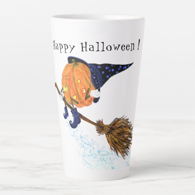 Halloween Latte Mug Witch Pumpkin Flying Broom (Front)