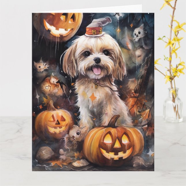 Halloween Lhasa Apso With Pumpkins Scary  Card (Yellow Flower)