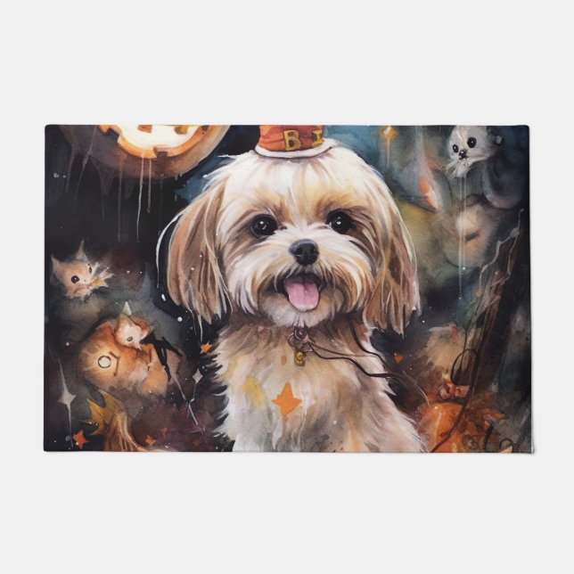 Halloween Lhasa Apso With Pumpkins Scary  Doormat (Front)