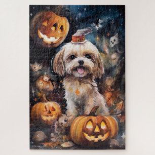 Halloween Lhasa Apso With Pumpkins Scary  Jigsaw Puzzle