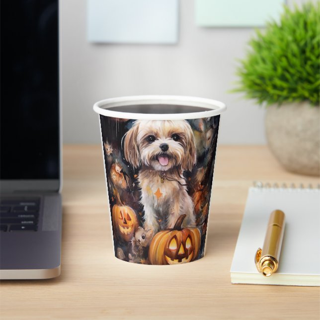 Halloween Lhasa Apso With Pumpkins Scary  Paper Cups (Insitu)