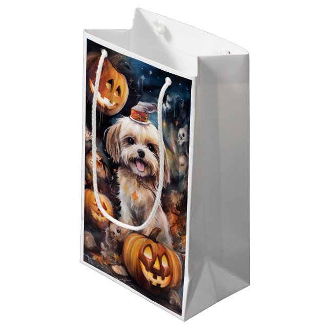 Halloween Lhasa Apso With Pumpkins Scary  Small Gift Bag (Front Angled)