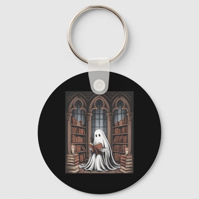 Halloween Librarian Ghost Reading Books Lovers Lib Key Ring (Front)