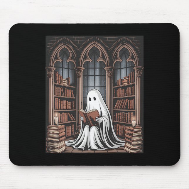 Halloween Librarian Ghost Reading Books Lovers Lib Mouse Pad (Front)