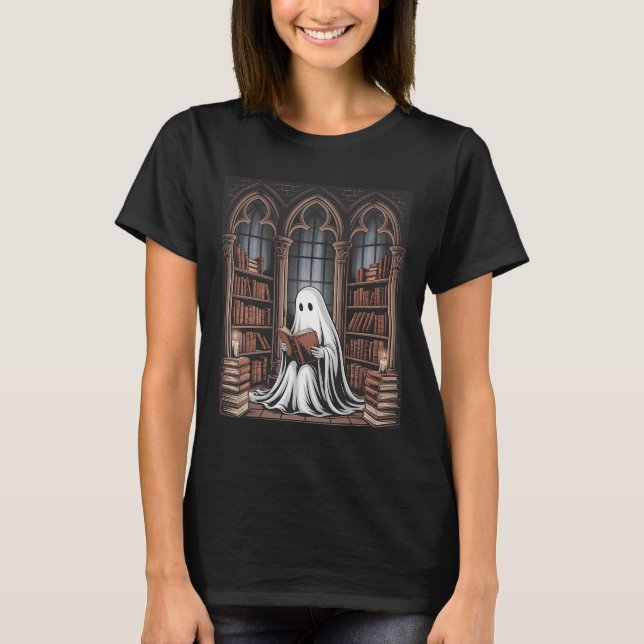 Halloween Librarian Ghost Reading Books Lovers Lib T-Shirt (Front)