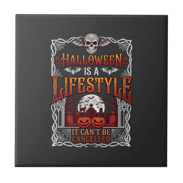 Halloween Lifestyle Bat Skull Graveyard Pumpkins F Ceramic Tile (Front)