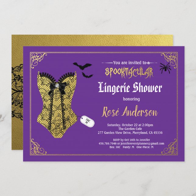 Halloween lingerie shower purple black lace invitation (Front/Back)