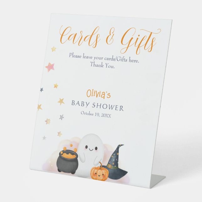 Halloween Little Boo Baby Shower Cards & Gifts Pedestal Sign (Front)