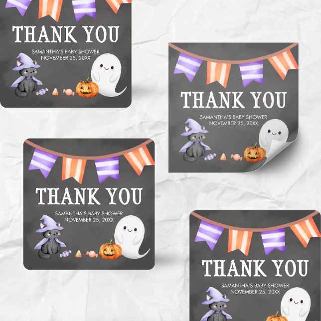 Halloween Little Boo Ghost Baby Shower Square Sticker (Halloween A Little Boo is Almost Due Ghost Baby Shower Sticker)