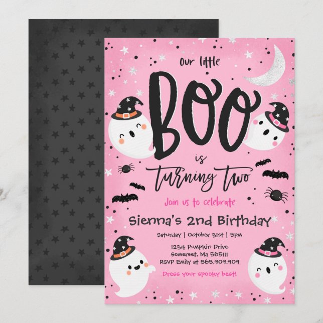Halloween Little Boo Pink Ghost 2nd Birthday Party Invitation (Front/Back)