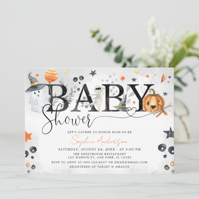 Halloween Little Boo Pumpkin Baby Shower Invitation (Standing Front)