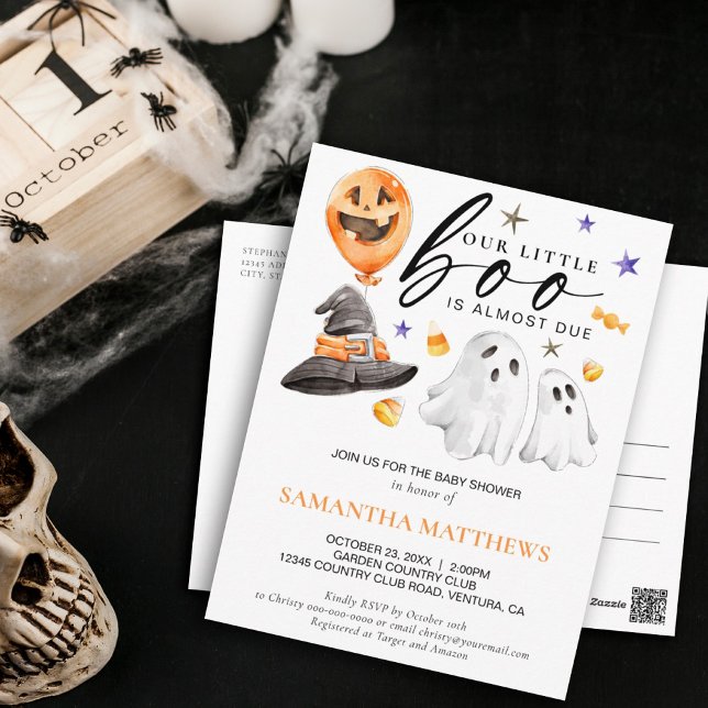 Halloween Little Boo Watercolor Baby Shower Postcard (Little boo is almost due themed baby shower invitation with adorable Halloween watercolor ghosts.)