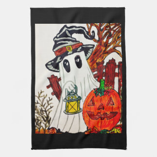 HALLOWEEN LITTLE GHOST IN A WITCH HAT TEA TOWEL