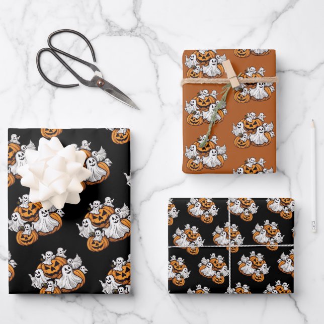 Halloween: Little Ghosts with Pumpkins -  Wrapping Paper Sheet (Front)