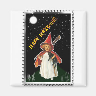 Halloween - Little Girl with Broom and Black Cat Magnet