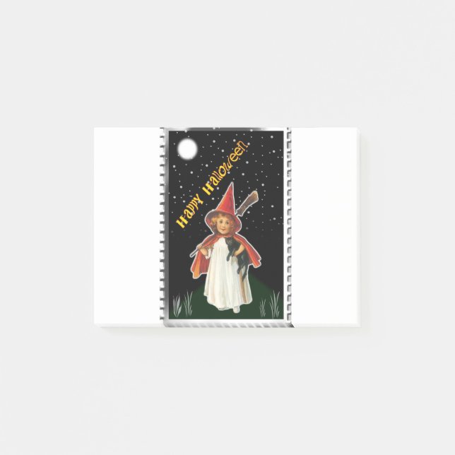 Halloween - Little Girl with Broom and Black Cat Post-it Notes (Front)