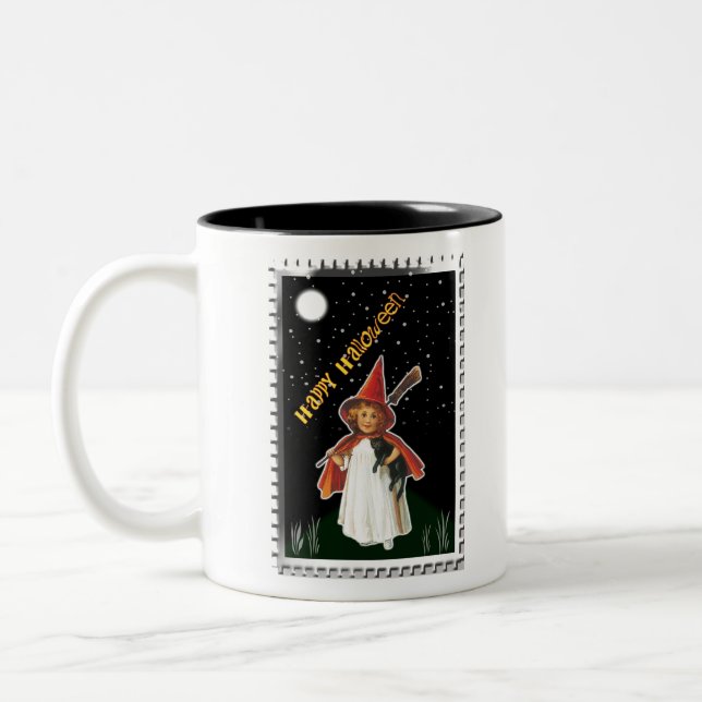 Halloween - Little Girl with Broom and Black Cat Two-Tone Coffee Mug (Left)