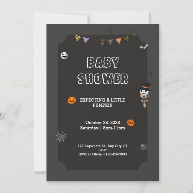 Halloween Little pumpkin Spooky Black Baby Shower Invitation (Front)