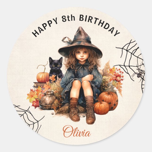 Halloween Little Witch Birthday Round Sticker (Front)