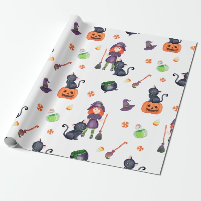 Halloween Little Witch, Black Cat and Pumpkin Cute Wrapping Paper (Unrolled)