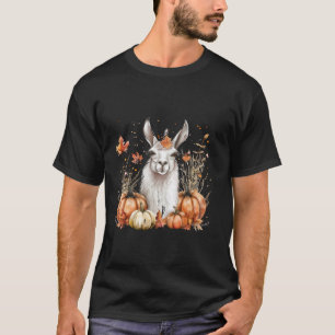 Halloween Llama Pumpkin Autumn Leaves Witch Trick T-Shirt