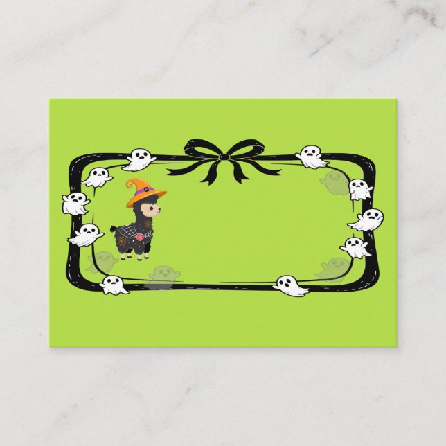 Halloween Llama Wearing Witch Hat Green Place Card (Front)