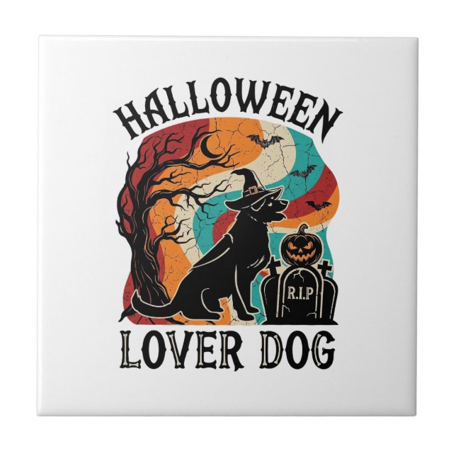Halloween Lover Dog Witch Hat Pumpkin Tombstone_1 Ceramic Tile (Front)