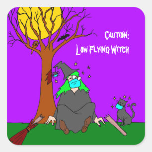 Halloween Low Flying Witch Square Sticker