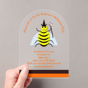 Halloween Magic Bee Witch Orange and Black Custom Acrylic Invitations