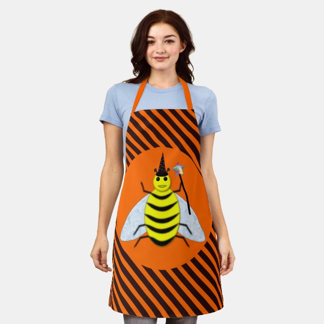 Halloween Magic Bee Witch Orange and Black Stripes Apron (Worn)