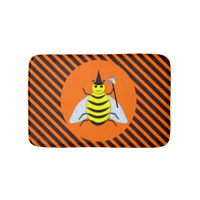 Halloween Magic Bee Witch Orange and Black Stripes Bath Mat (Front)